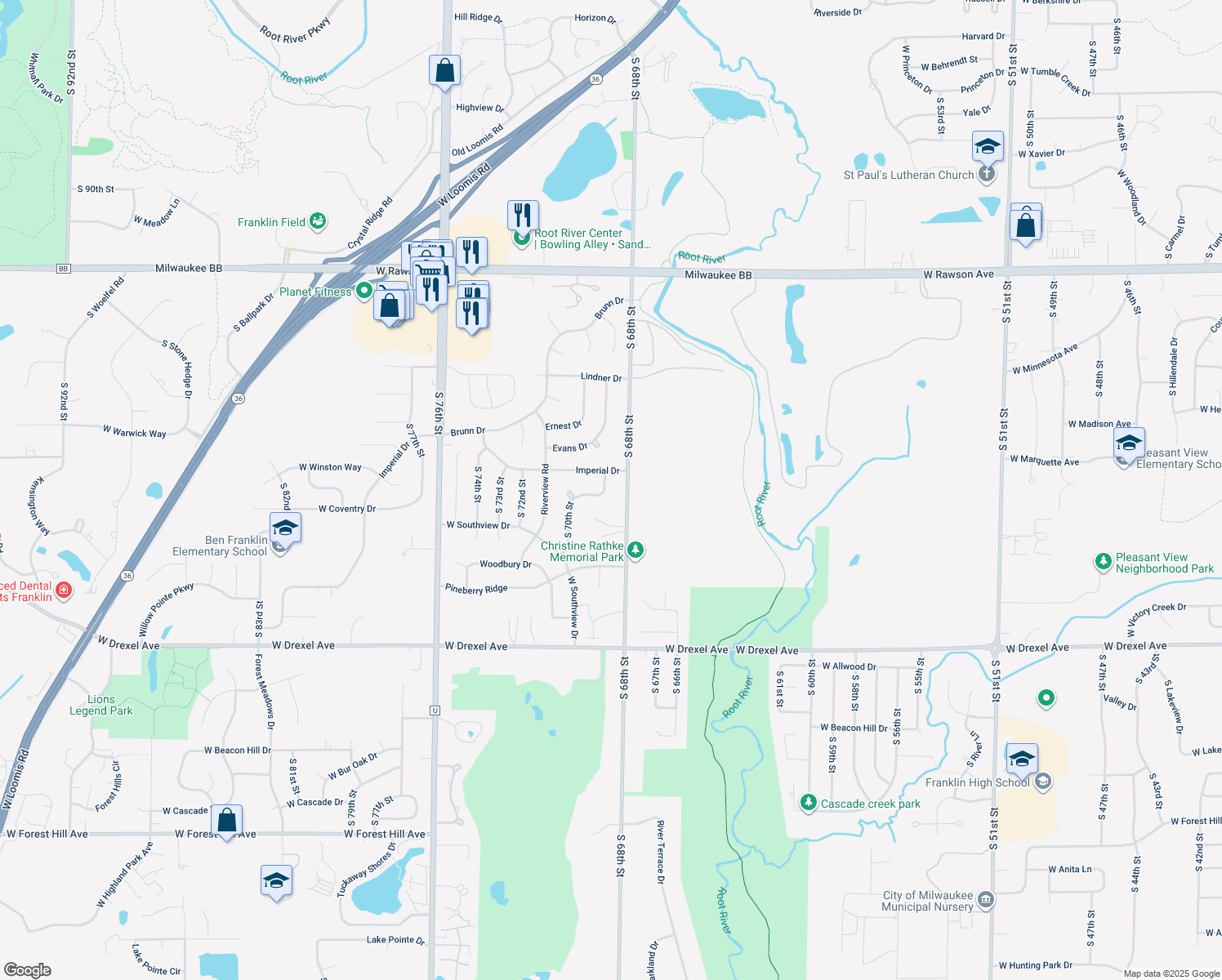 map of restaurants, bars, coffee shops, grocery stores, and more near 7534 South 69th Street in Franklin