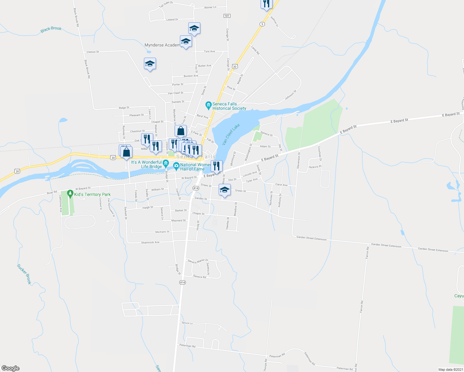 map of restaurants, bars, coffee shops, grocery stores, and more near 45 Green Street in Seneca Falls