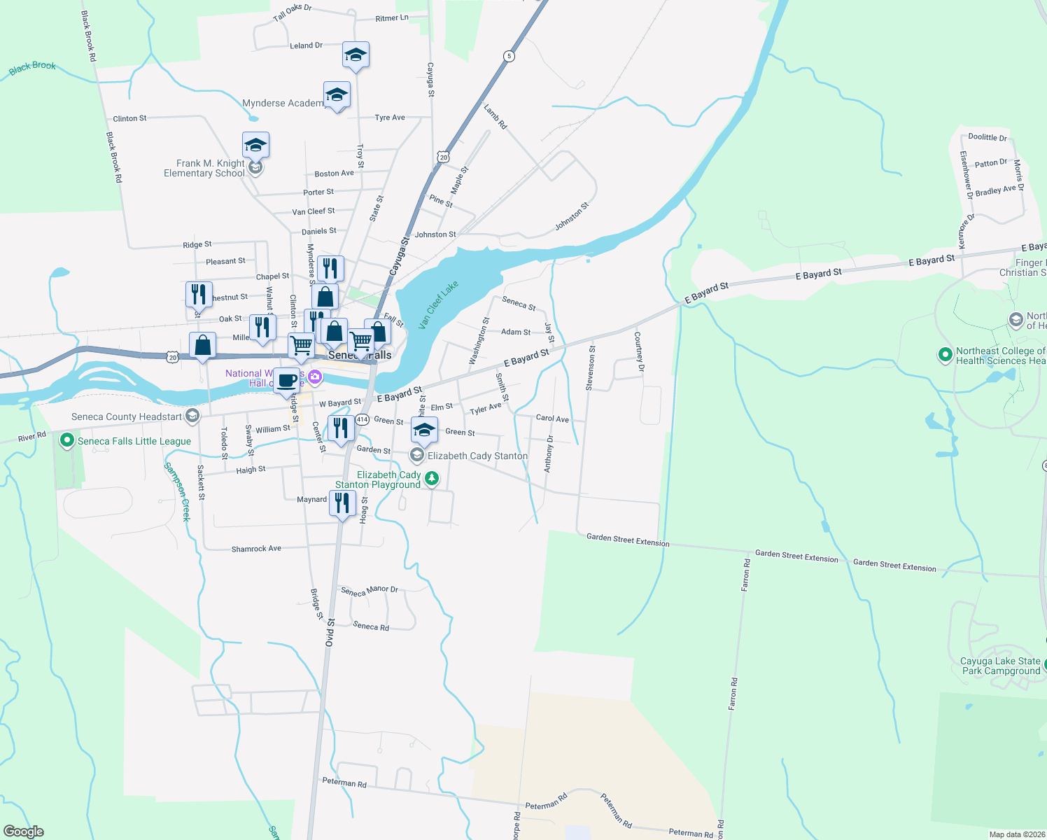 map of restaurants, bars, coffee shops, grocery stores, and more near 16 Carol Avenue in Seneca Falls