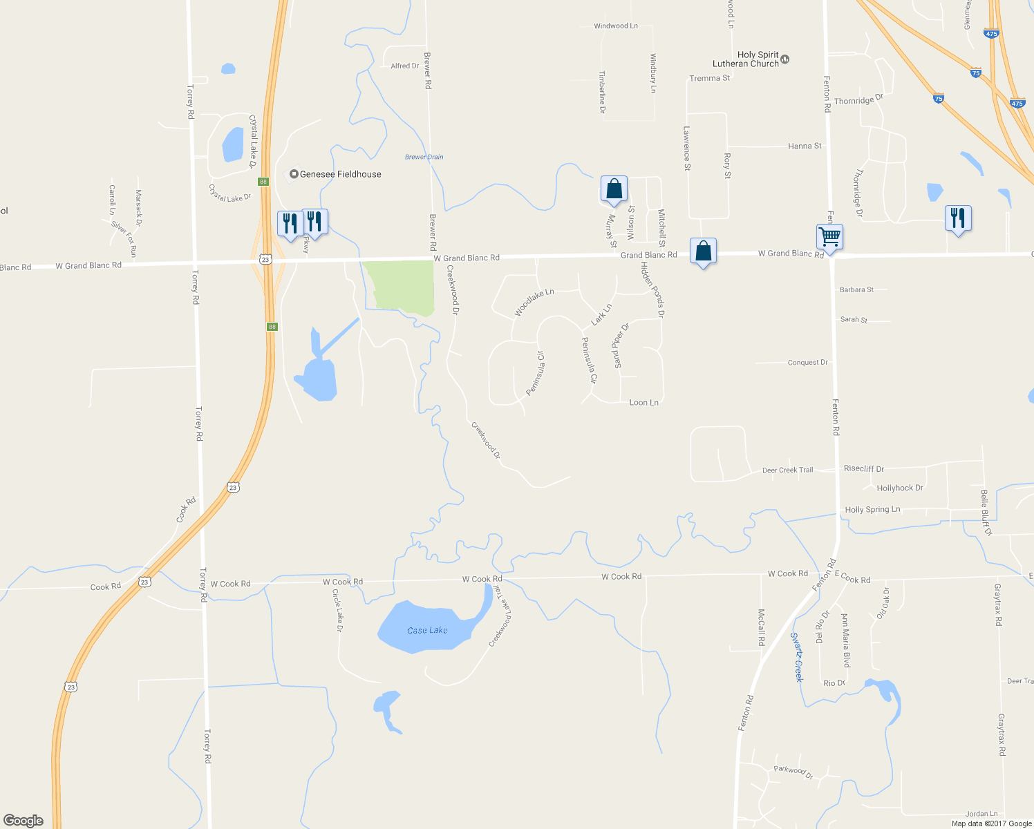 map of restaurants, bars, coffee shops, grocery stores, and more near 8258 Hidden Cove Court in Grand Blanc