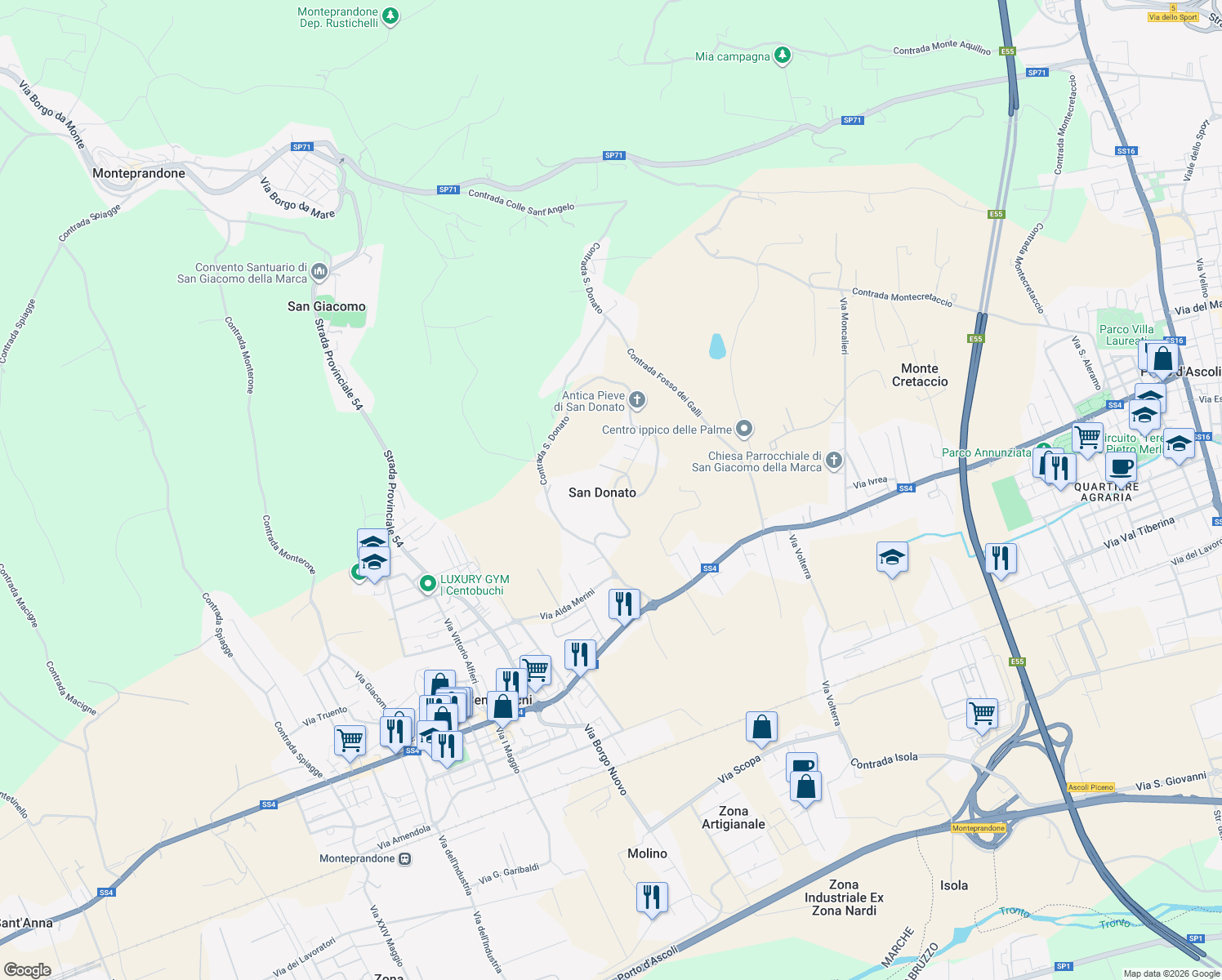 map of restaurants, bars, coffee shops, grocery stores, and more near 59 Contrada San Donato in San Donato
