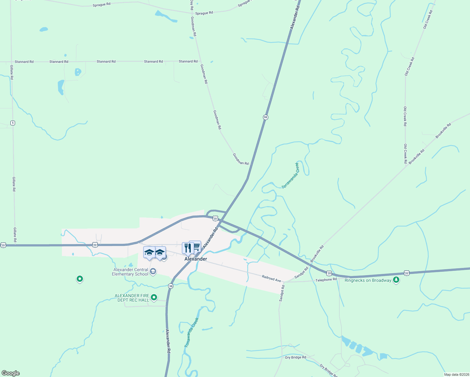 map of restaurants, bars, coffee shops, grocery stores, and more near 10446 Alexander Road in Alexander