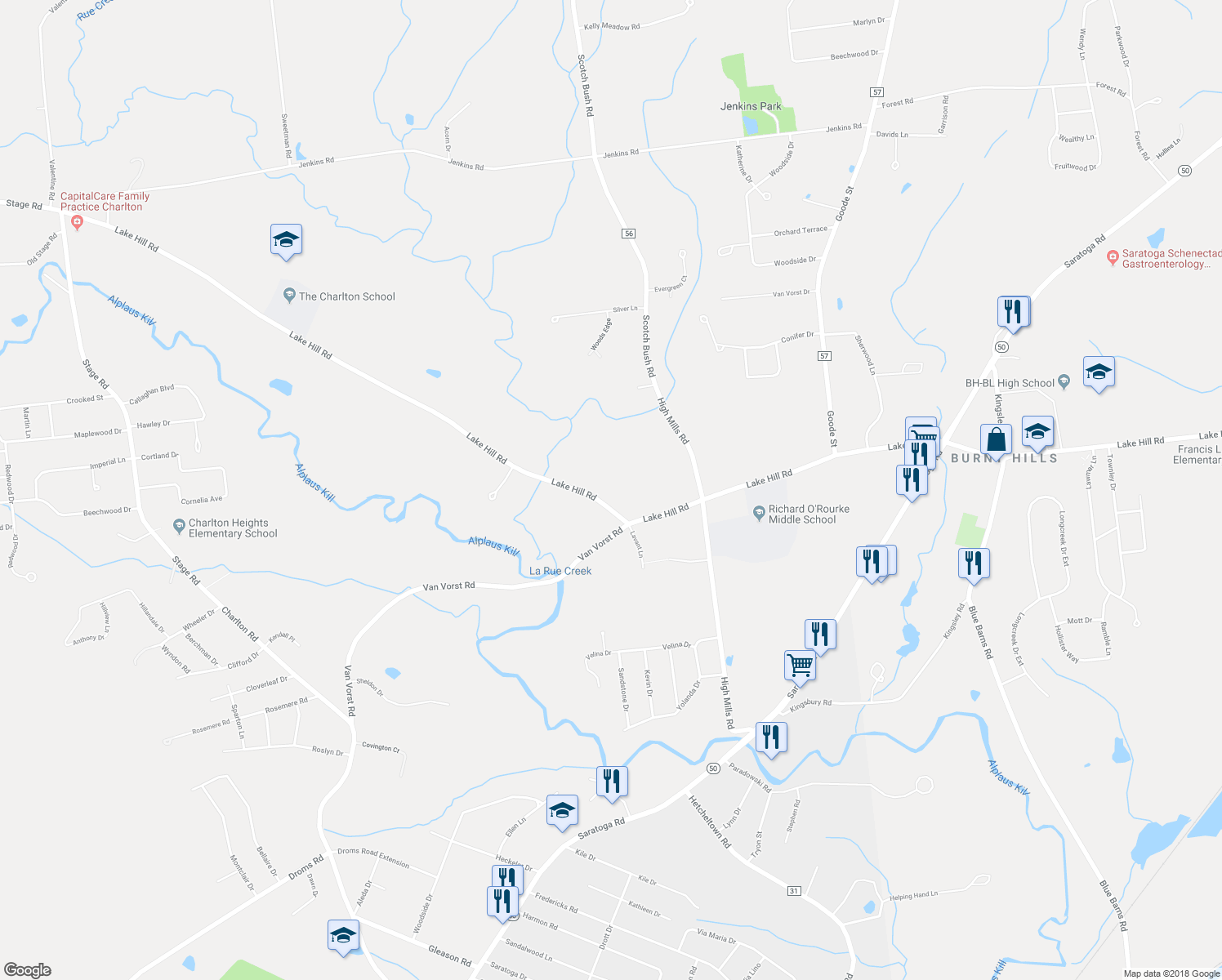 map of restaurants, bars, coffee shops, grocery stores, and more near 232 Lake Hill Road in Schenectady County