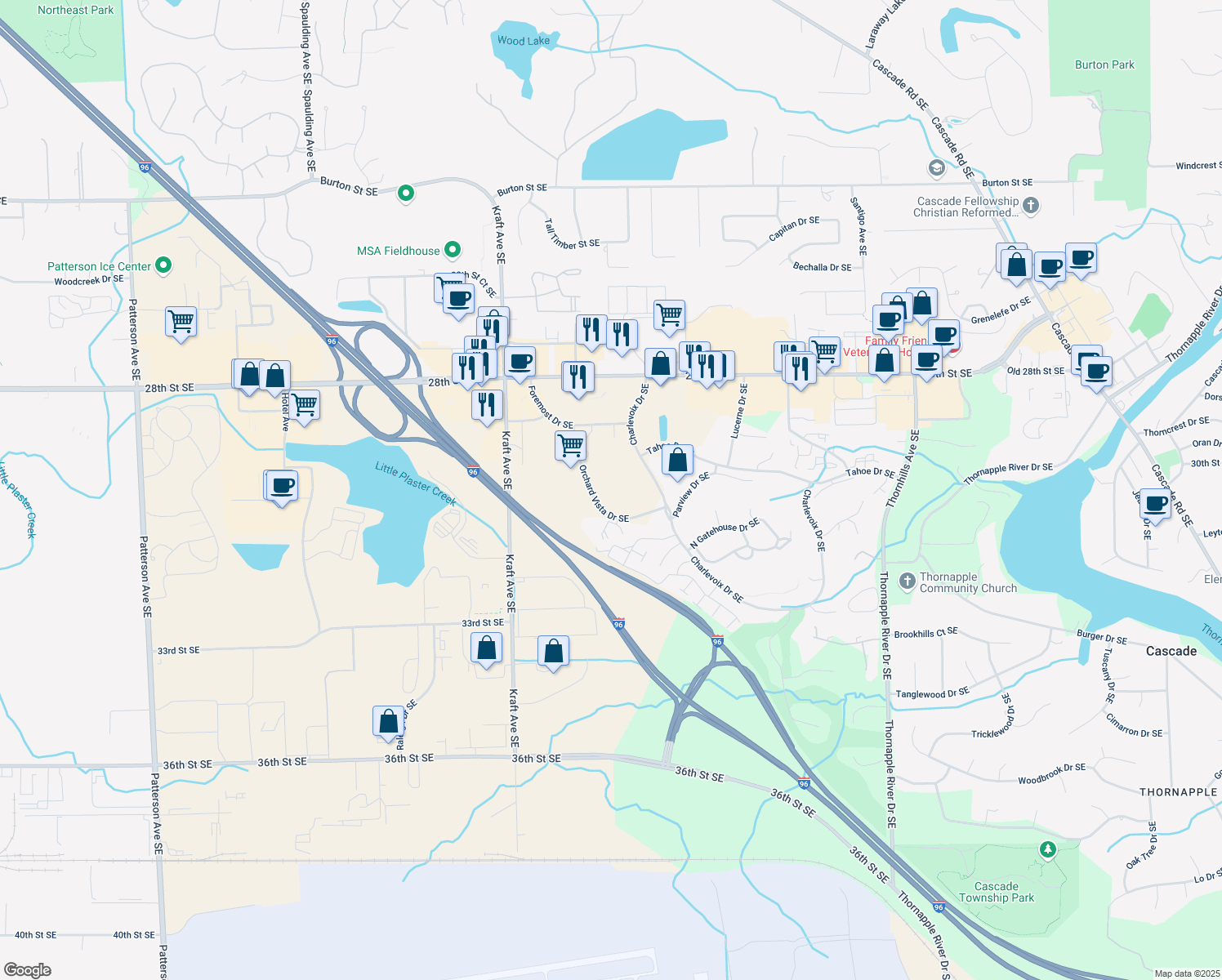 map of restaurants, bars, coffee shops, grocery stores, and more near 3060 Orchard Vista Dr SE in Grand Rapids