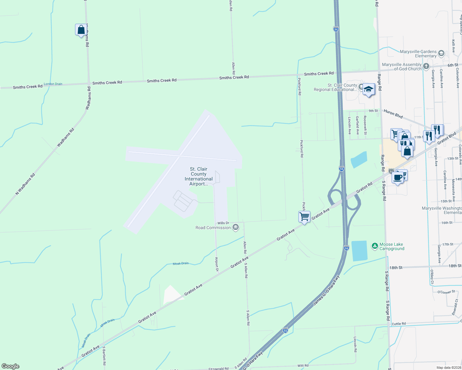 map of restaurants, bars, coffee shops, grocery stores, and more near 131 Ash Drive in Smiths Creek