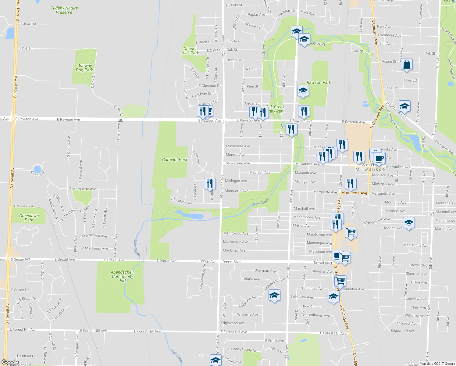 map of restaurants, bars, coffee shops, grocery stores, and more near 1823 Michigan Avenue in South Milwaukee
