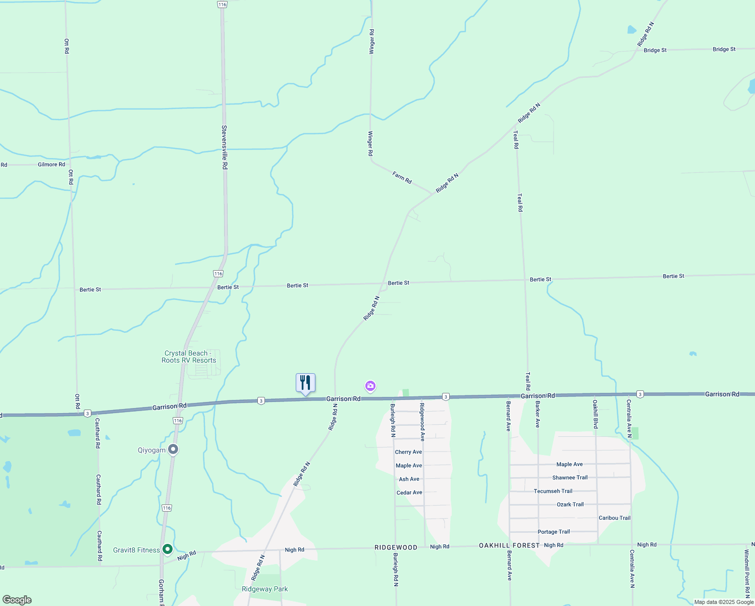 map of restaurants, bars, coffee shops, grocery stores, and more near 1250 Ridge Road North in Fort Erie