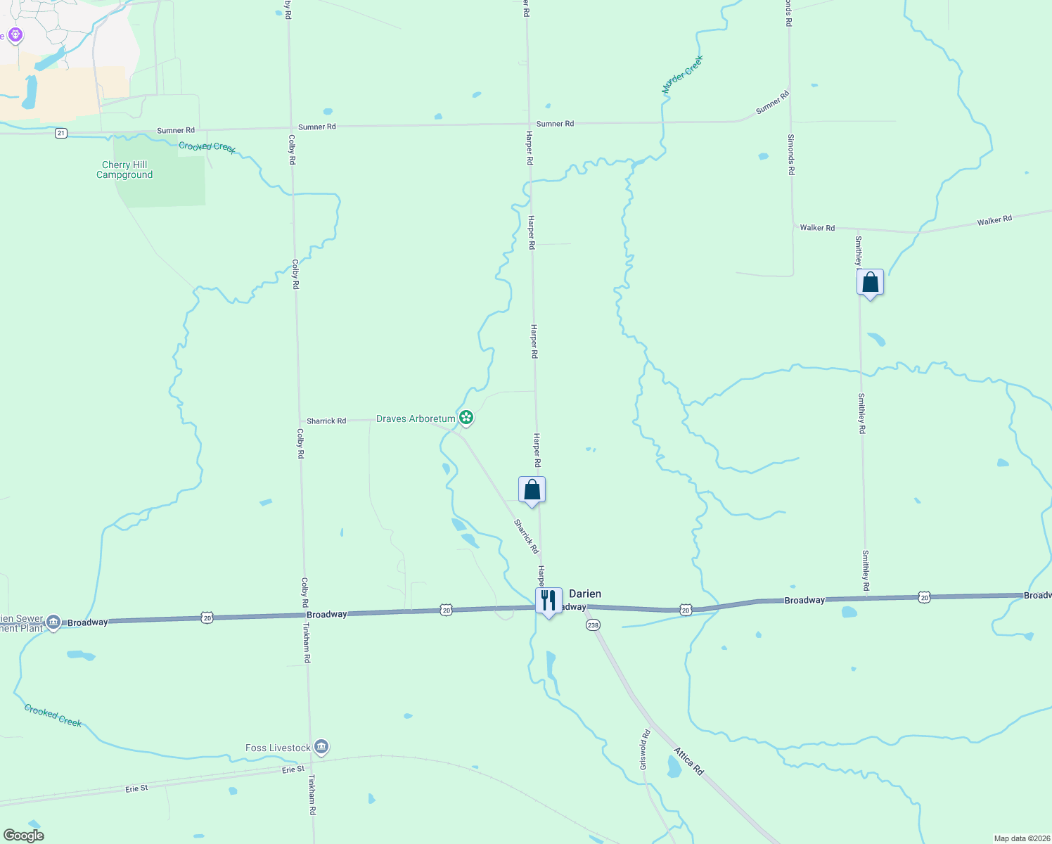 map of restaurants, bars, coffee shops, grocery stores, and more near 10370 Harper Road in Darien Center