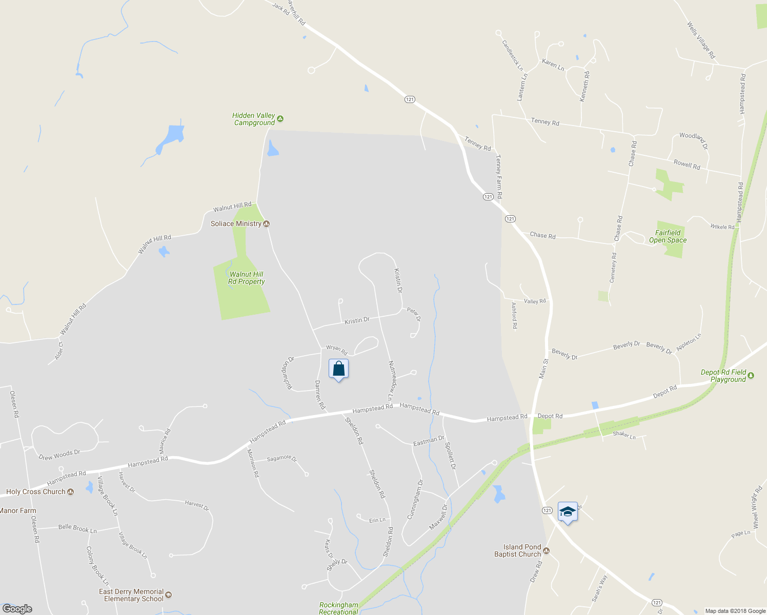 map of restaurants, bars, coffee shops, grocery stores, and more near 46 Kristin Drive in Derry