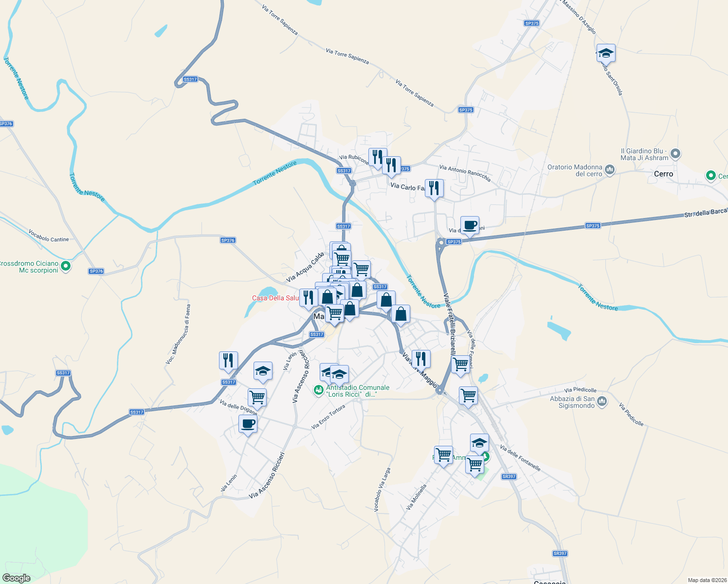 map of restaurants, bars, coffee shops, grocery stores, and more near 17 Via Cavour in Marsciano
