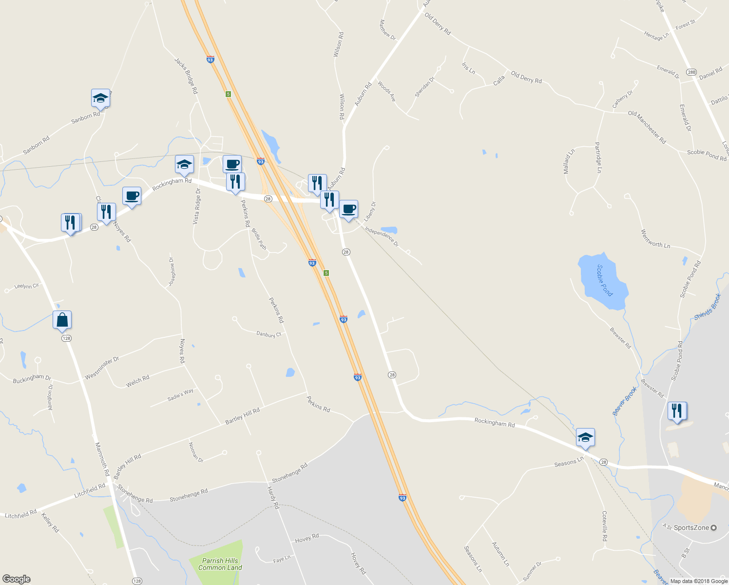 map of restaurants, bars, coffee shops, grocery stores, and more near 106 Rockingham Road in Londonderry