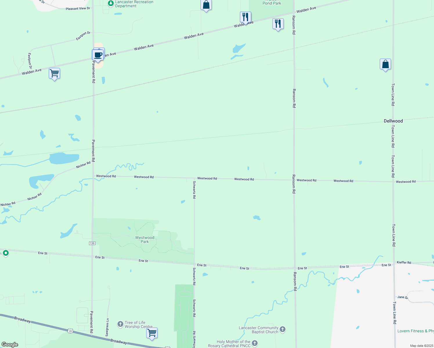 map of restaurants, bars, coffee shops, grocery stores, and more near 192 Westwood Road in Lancaster