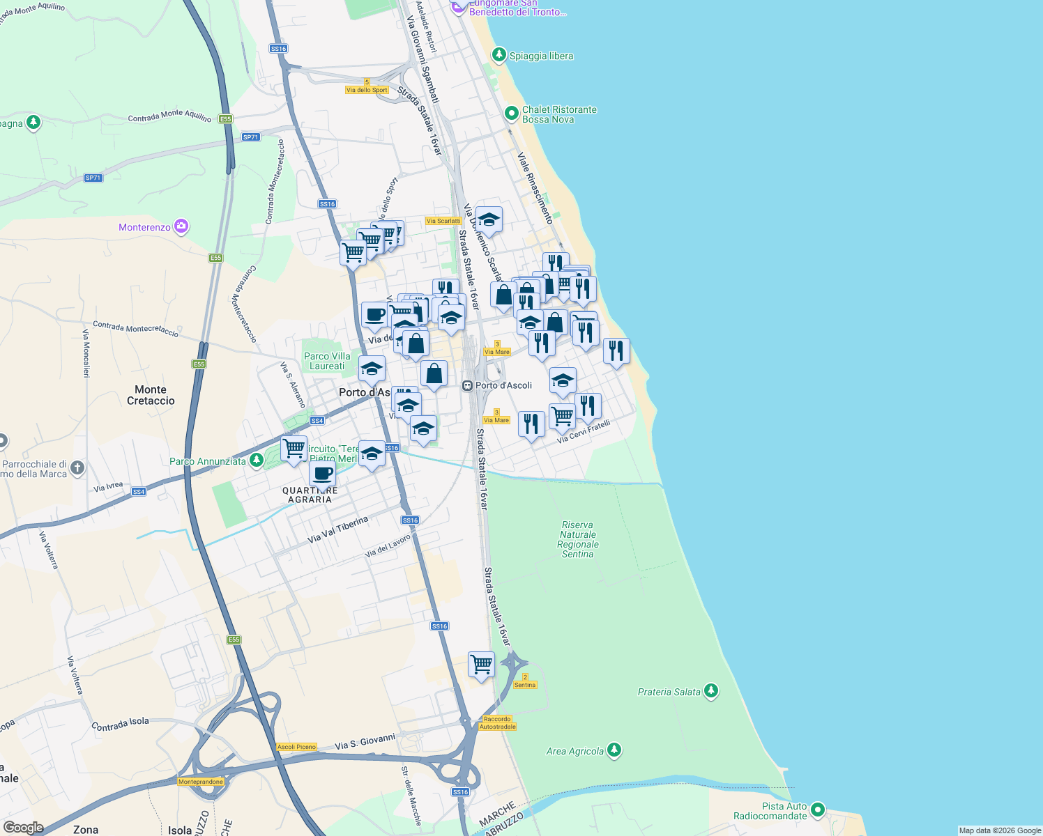 map of restaurants, bars, coffee shops, grocery stores, and more near 25 Via del Cacciatore in San Benedetto del Tronto