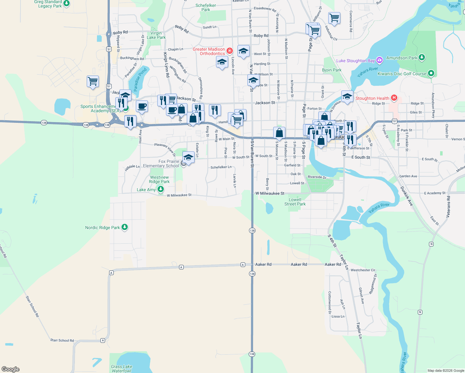 map of restaurants, bars, coffee shops, grocery stores, and more near 808 Larvik Ln in Stoughton