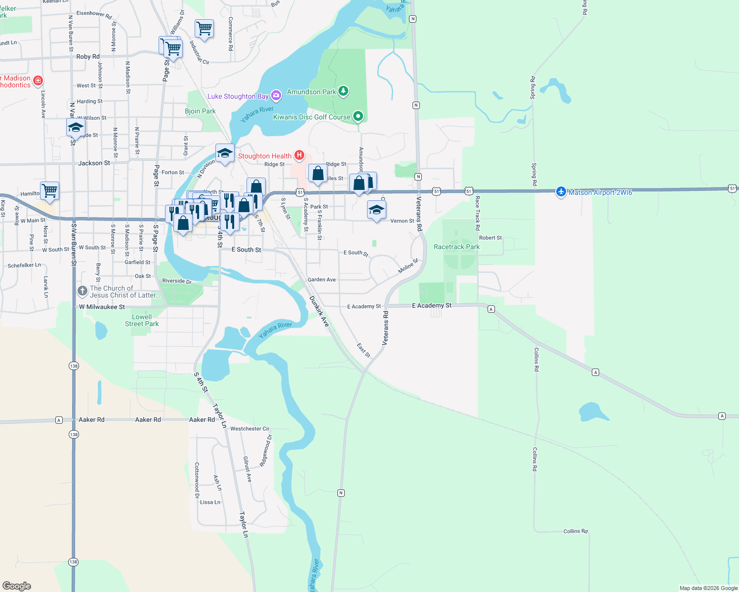 map of restaurants, bars, coffee shops, grocery stores, and more near 1309 Moline Street in Stoughton