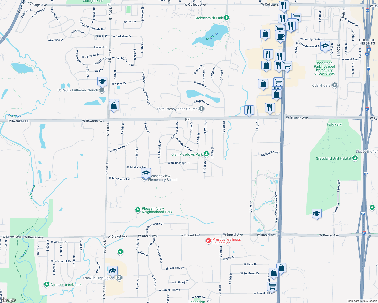 map of restaurants, bars, coffee shops, grocery stores, and more near 3909 West Madison Boulevard in Franklin