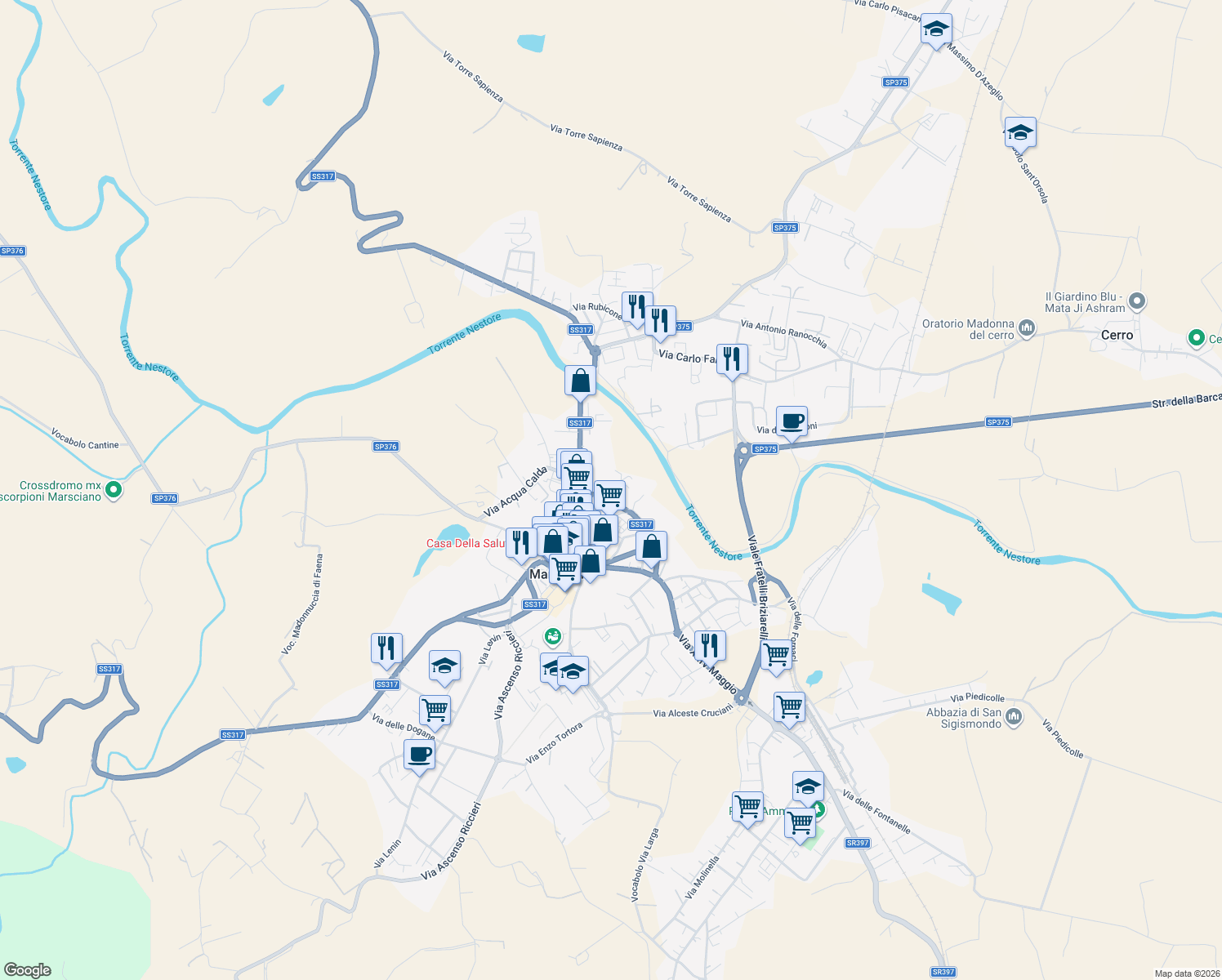 map of restaurants, bars, coffee shops, grocery stores, and more near Via del Mattatoio in Marsciano