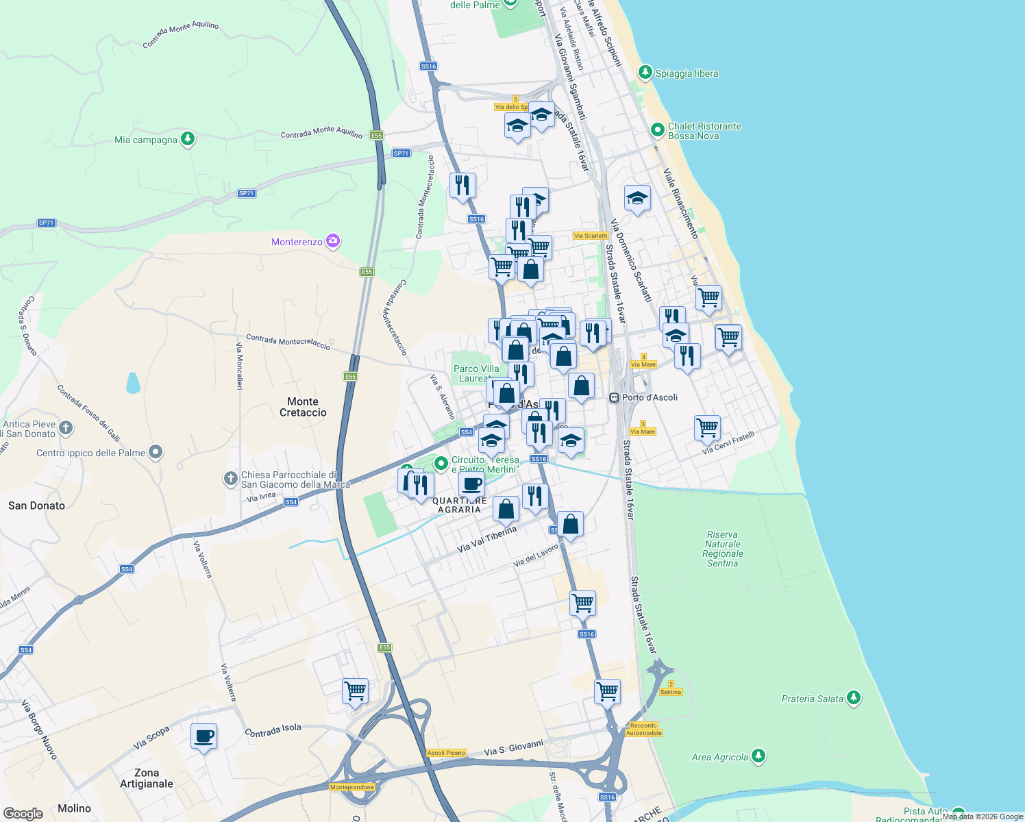 map of restaurants, bars, coffee shops, grocery stores, and more near 31 Via Torino in San Benedetto del Tronto