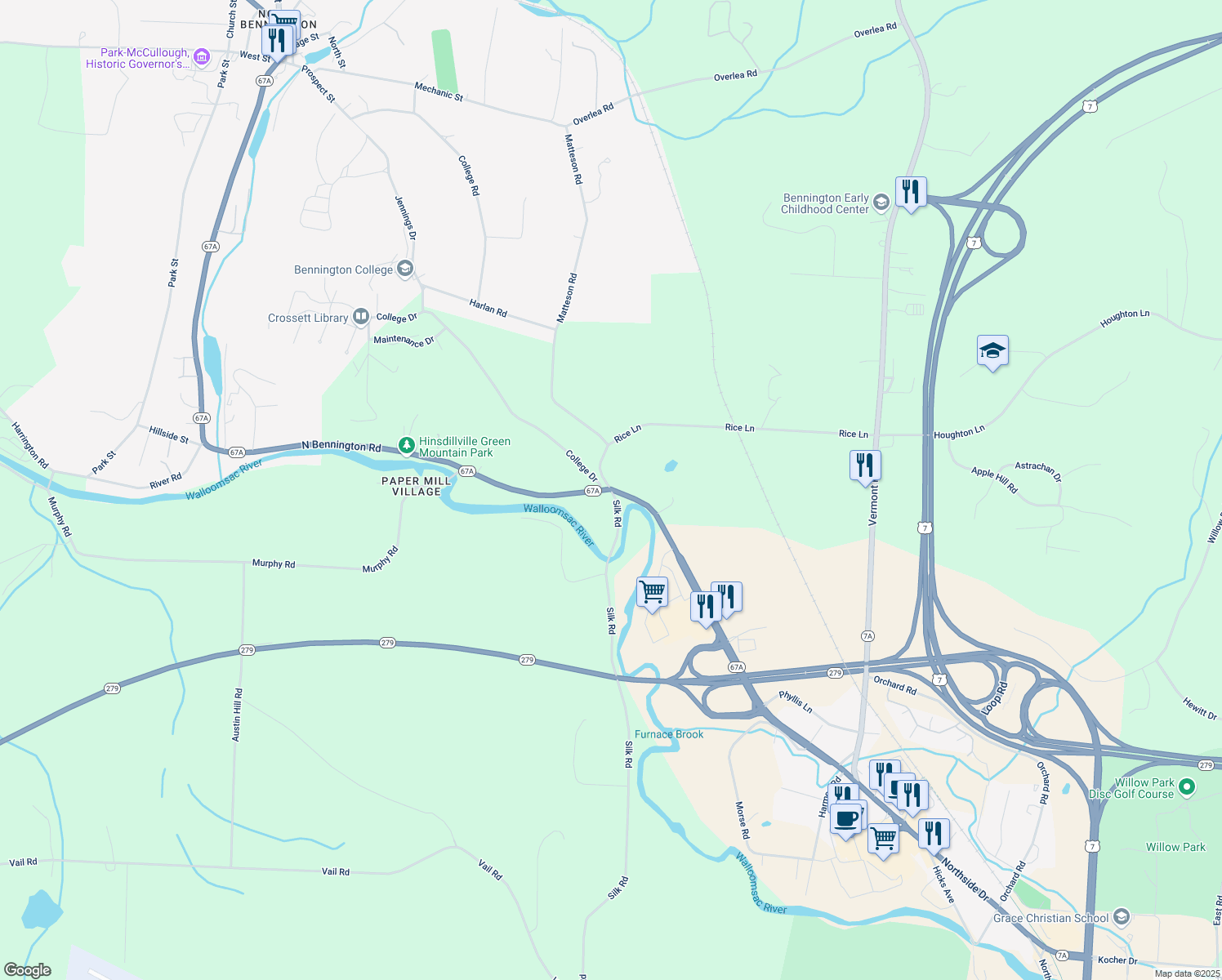 map of restaurants, bars, coffee shops, grocery stores, and more near 622 North Bennington Road in Bennington