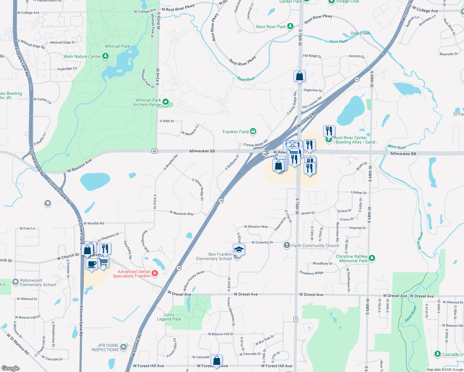 map of restaurants, bars, coffee shops, grocery stores, and more near 8301 West Loomis Road in Franklin