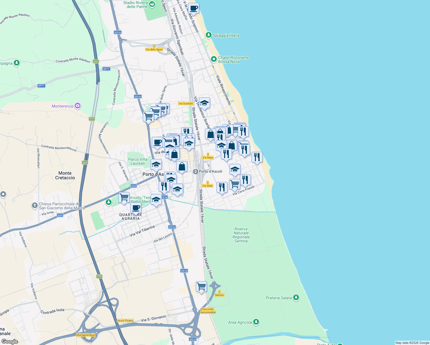 map of restaurants, bars, coffee shops, grocery stores, and more near 25 Via del Cacciatore in San Benedetto del Tronto