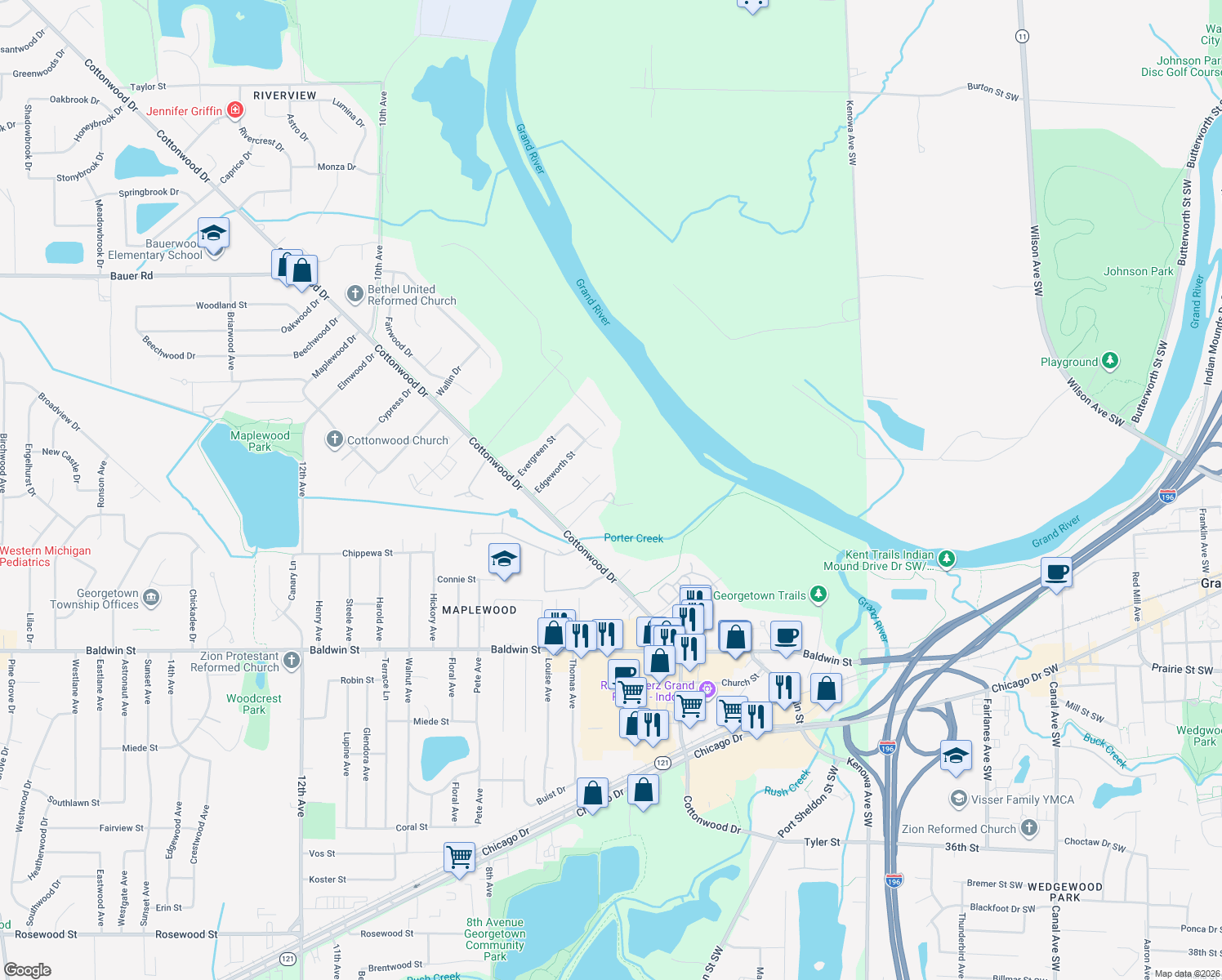 map of restaurants, bars, coffee shops, grocery stores, and more near 7884 Cottonwood Drive in Georgetown Township