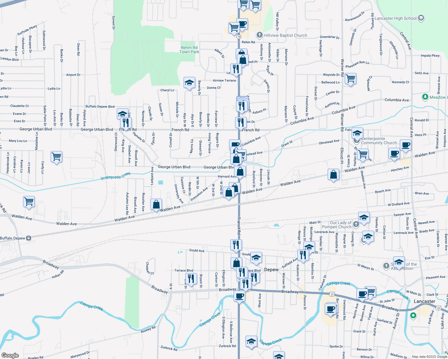 map of restaurants, bars, coffee shops, grocery stores, and more near 215 Harvard Ave in Depew