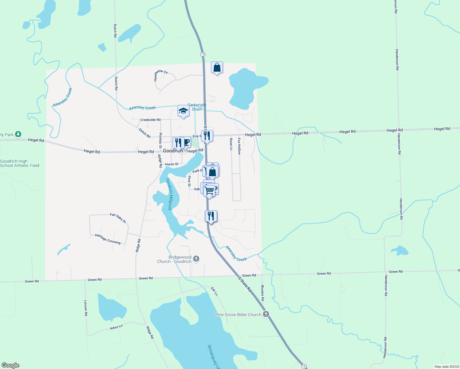 map of restaurants, bars, coffee shops, grocery stores, and more near 8172 Rose Lane in Goodrich