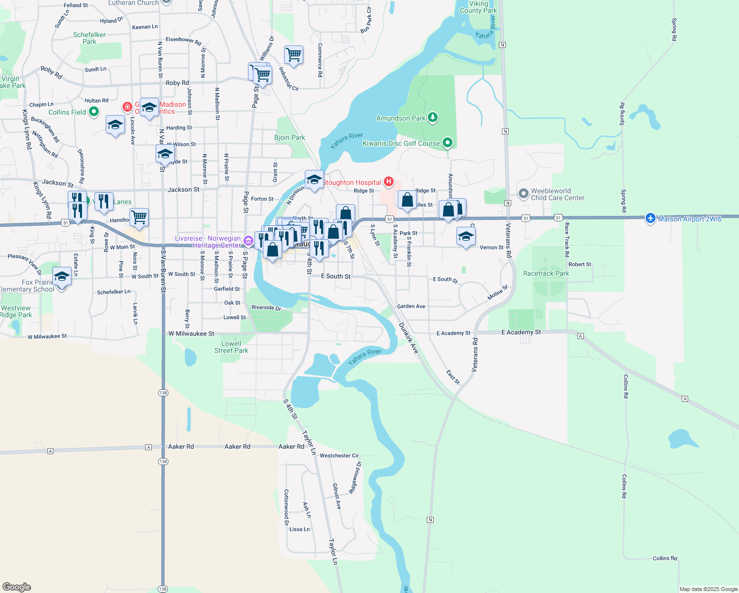 map of restaurants, bars, coffee shops, grocery stores, and more near 609 8th Street in Stoughton