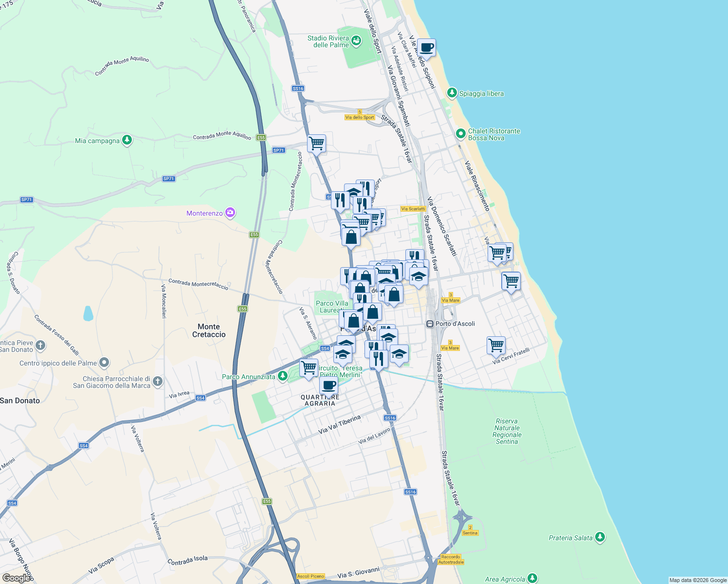 map of restaurants, bars, coffee shops, grocery stores, and more near 7 Via del Mare in San Benedetto del Tronto