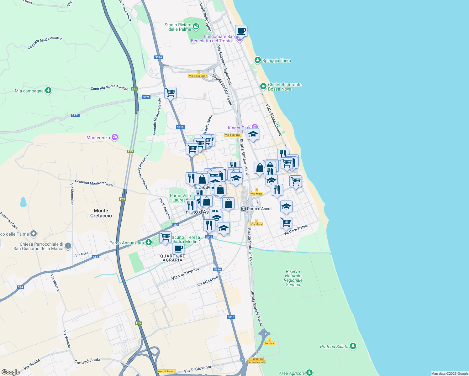 map of restaurants, bars, coffee shops, grocery stores, and more near 126-128 Via Enrico Toti in San Benedetto del Tronto