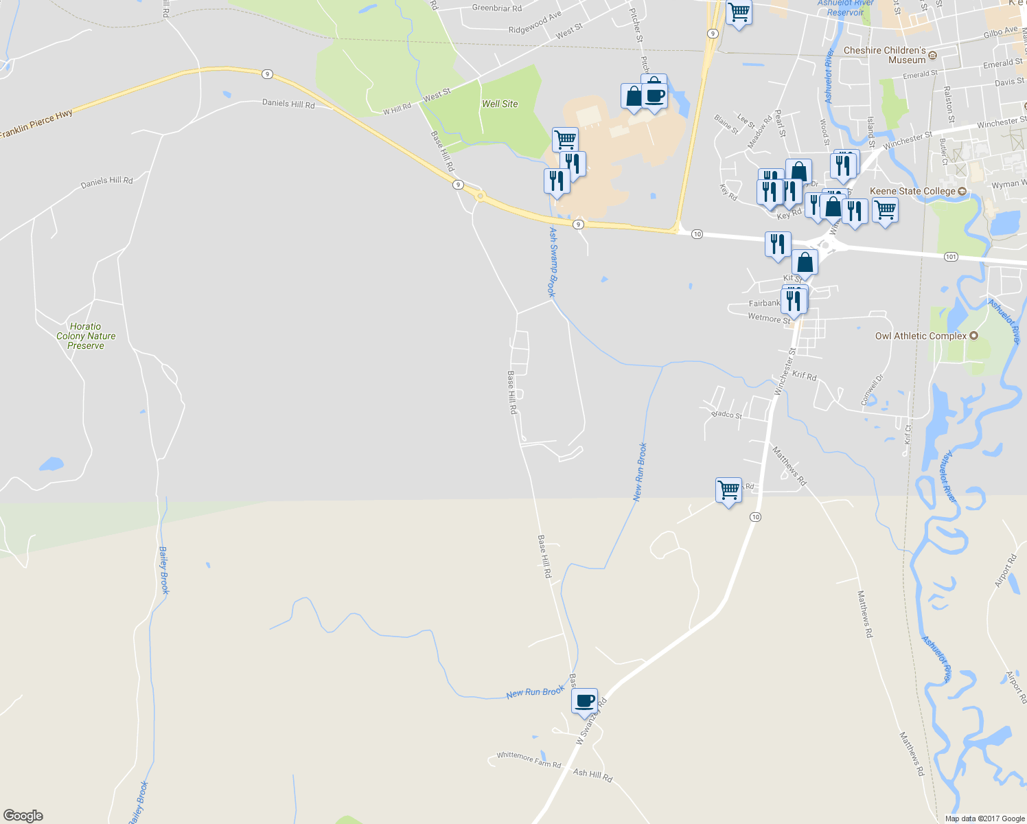 map of restaurants, bars, coffee shops, grocery stores, and more near 180 Base Hill Road in Keene