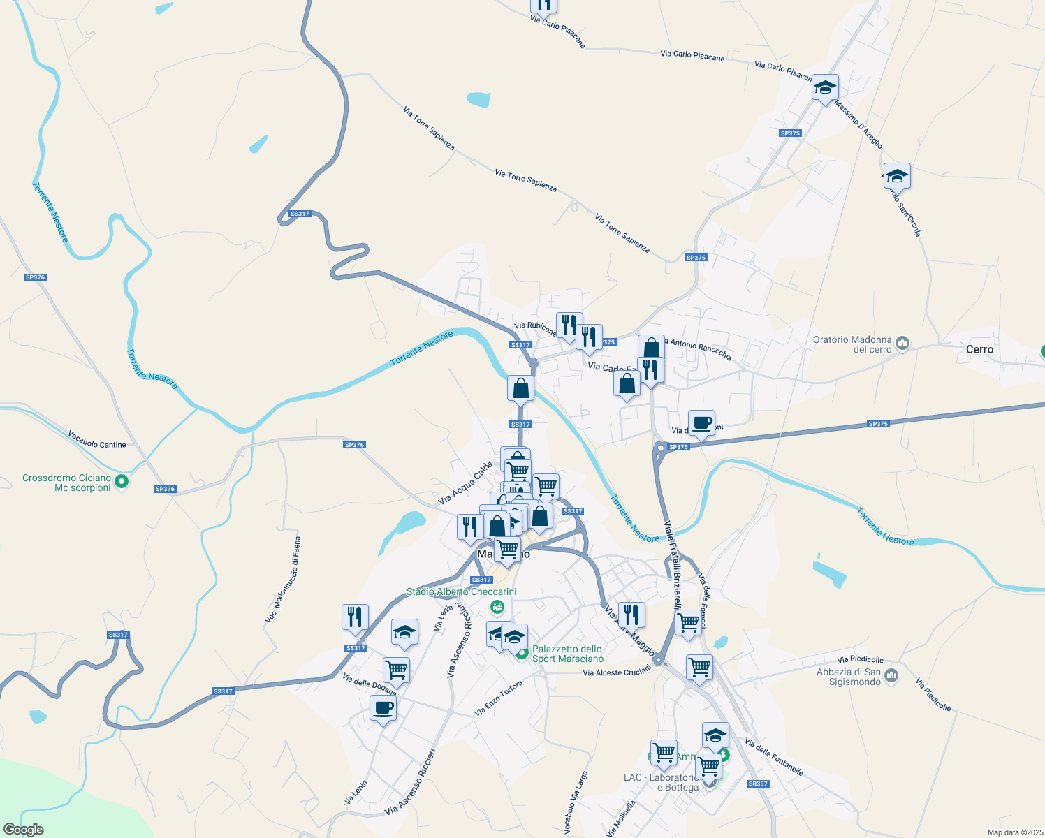 map of restaurants, bars, coffee shops, grocery stores, and more near 36A Viale Ponte Nestore in Marsciano