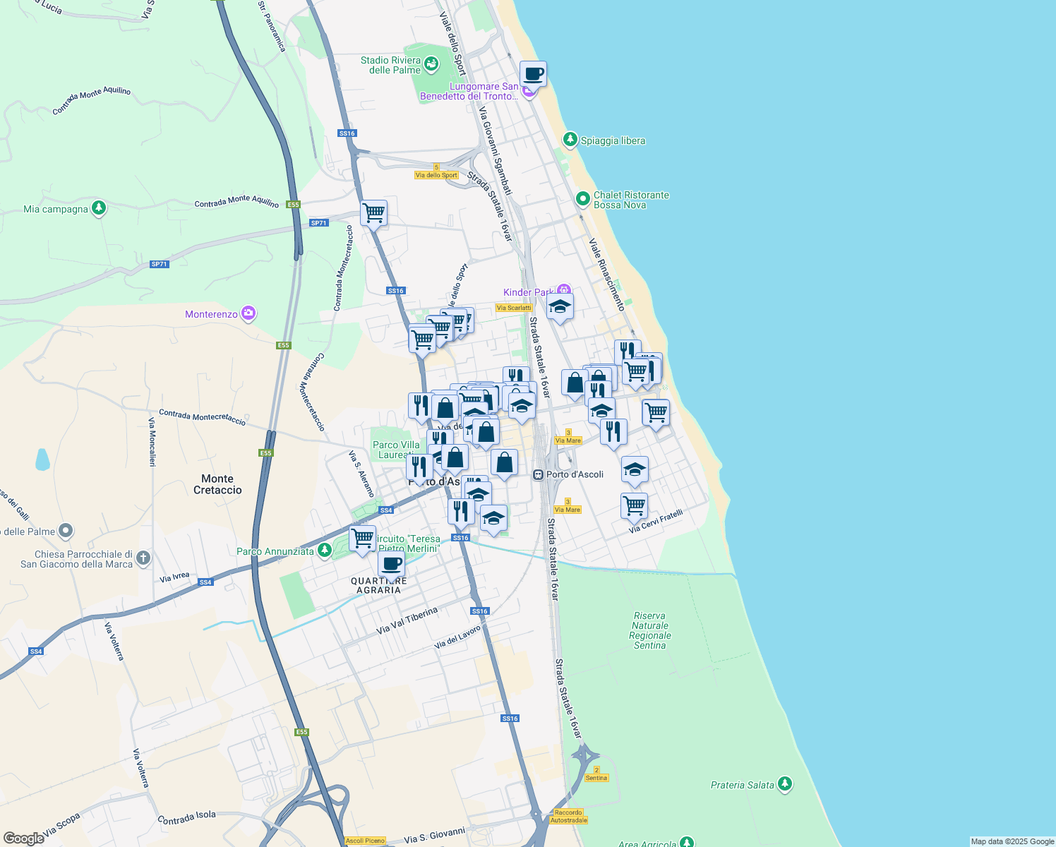 map of restaurants, bars, coffee shops, grocery stores, and more near 126-128 Via Enrico Toti in San Benedetto del Tronto