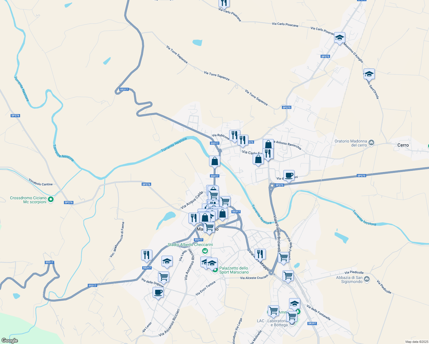 map of restaurants, bars, coffee shops, grocery stores, and more near 36A Viale Ponte Nestore in Marsciano