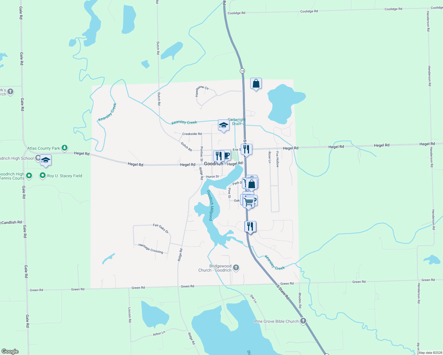 map of restaurants, bars, coffee shops, grocery stores, and more near 10240 Huron Street in Goodrich