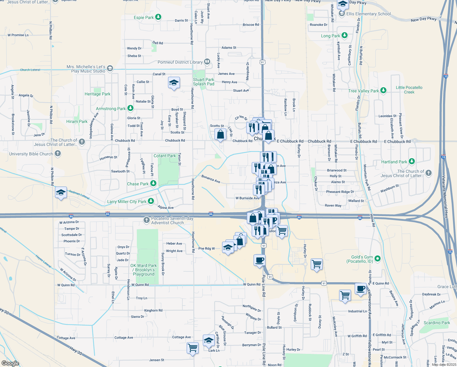 map of restaurants, bars, coffee shops, grocery stores, and more near Knudsen Boulevard in Chubbuck