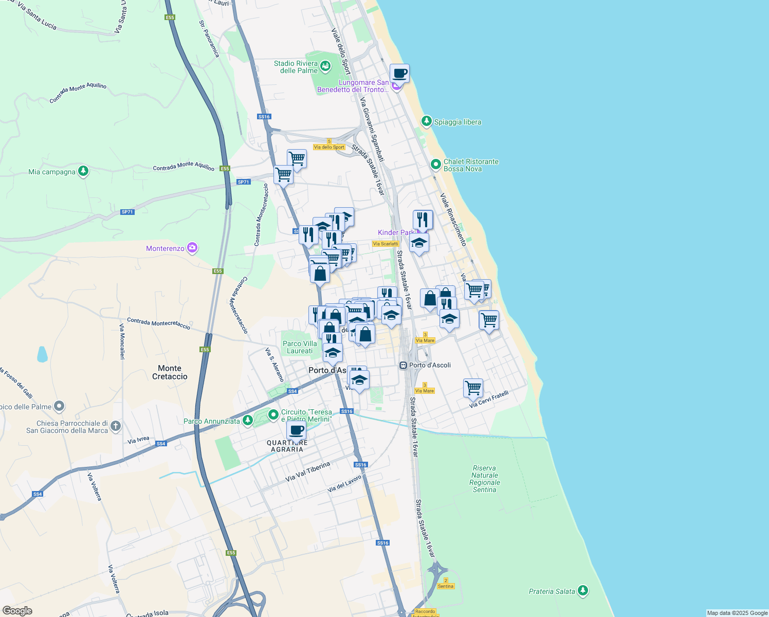 map of restaurants, bars, coffee shops, grocery stores, and more near 7A Largo Danubio in San Benedetto del Tronto