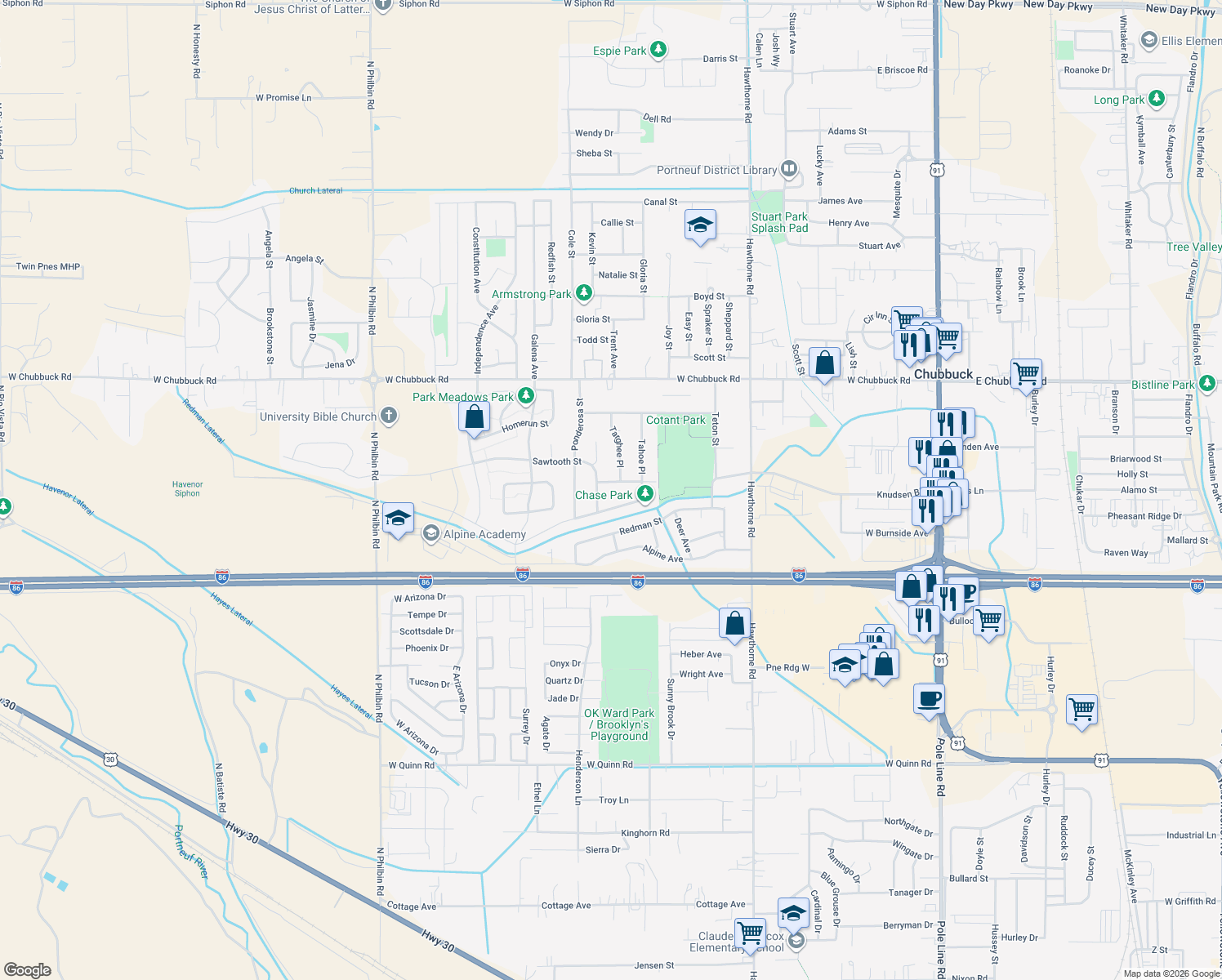 map of restaurants, bars, coffee shops, grocery stores, and more near 765 Bonanza Avenue in Pocatello