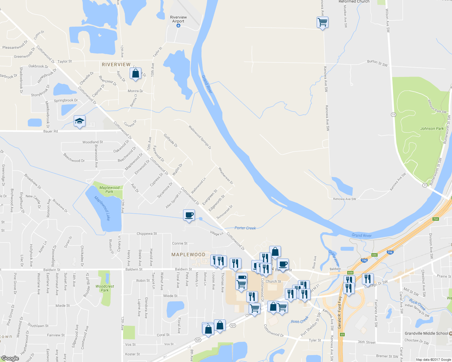 map of restaurants, bars, coffee shops, grocery stores, and more near 8099 Weatherwax Drive in Georgetown Township