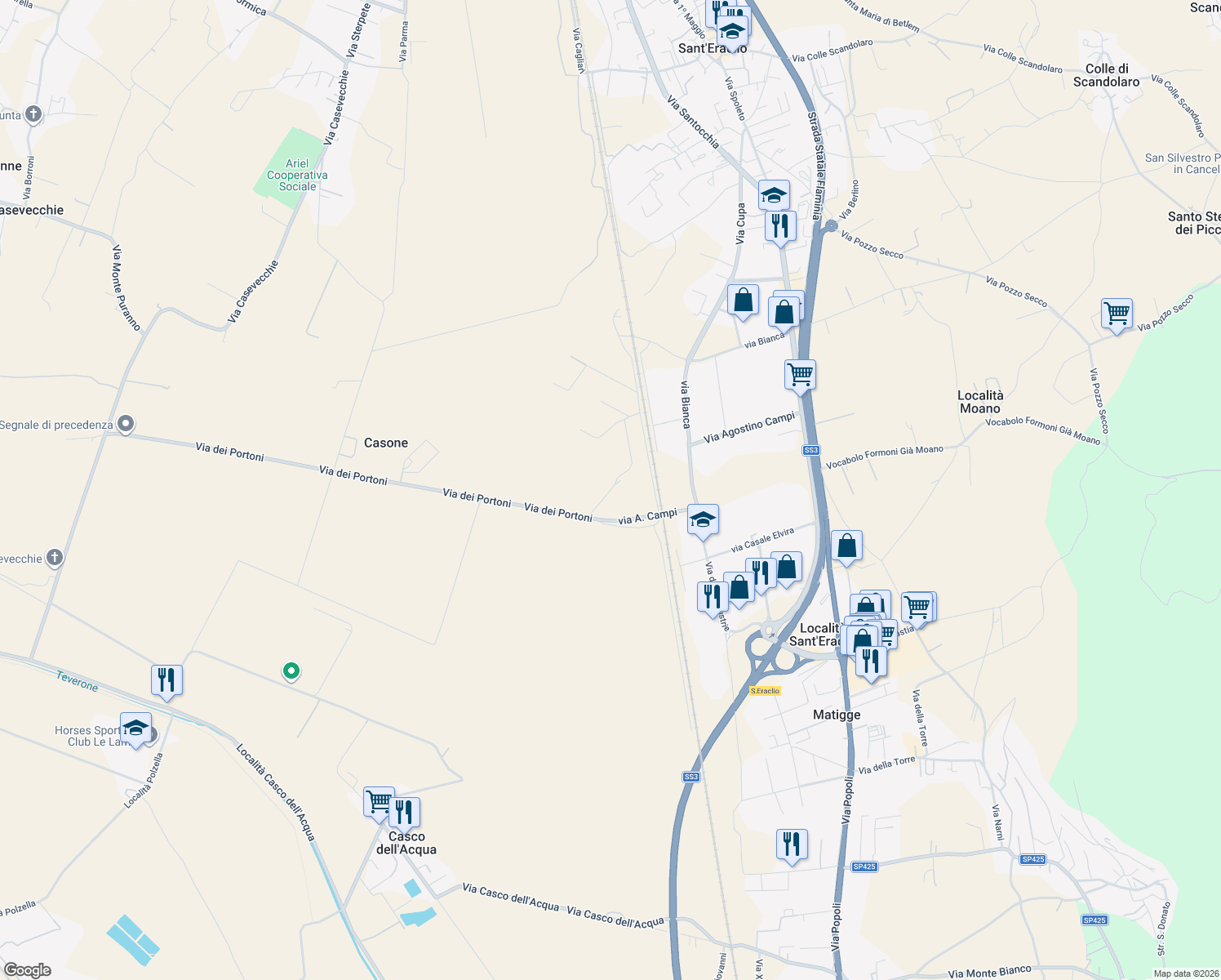 map of restaurants, bars, coffee shops, grocery stores, and more near 77 Vocabolo Cupa in Foligno