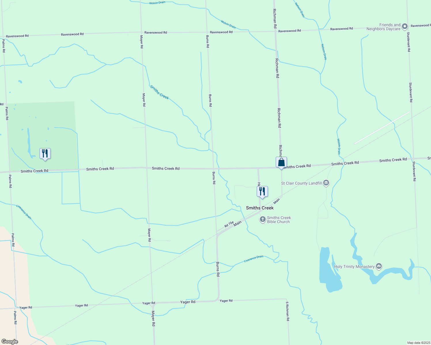map of restaurants, bars, coffee shops, grocery stores, and more near 478 Burns Road in Smiths Creek