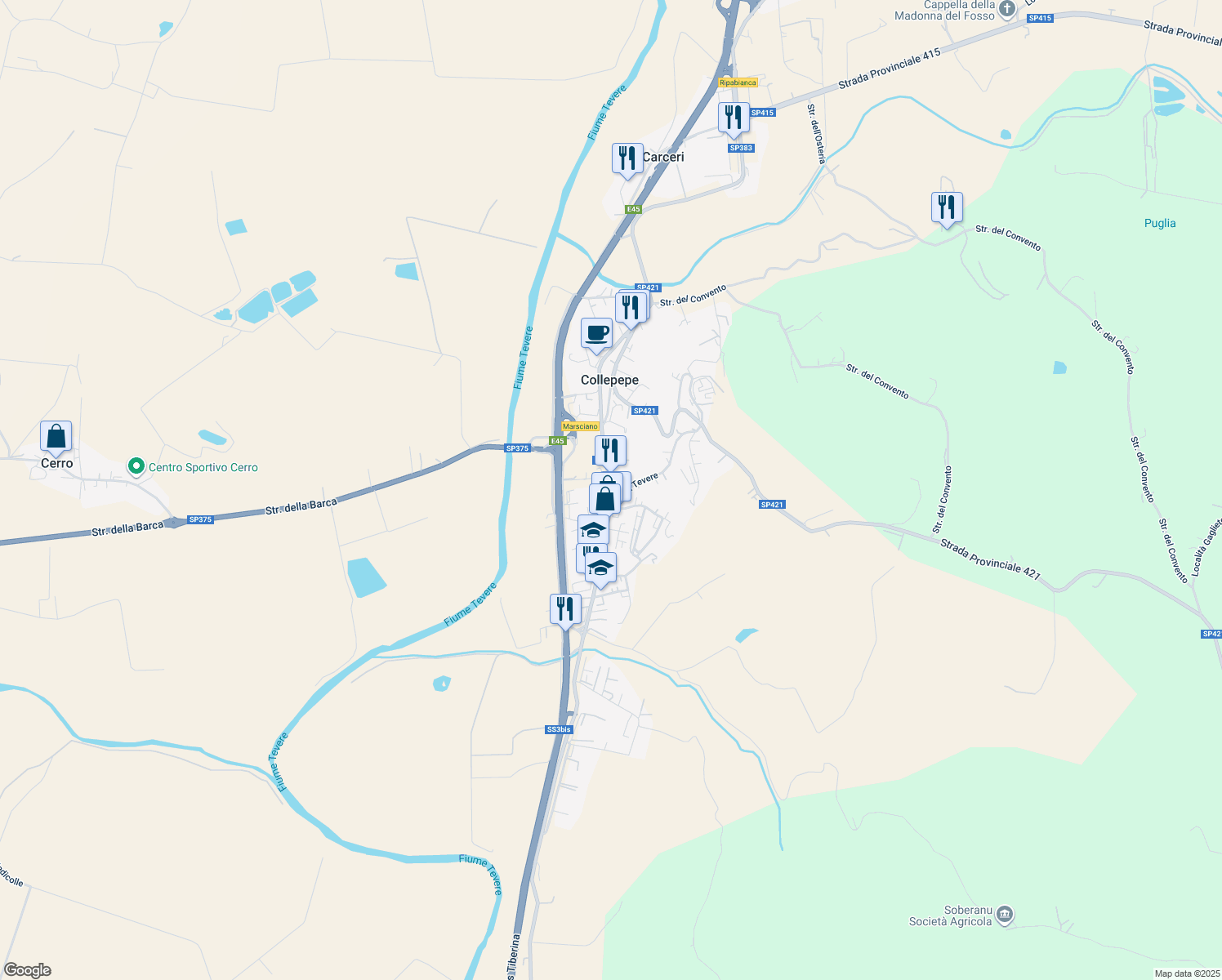 map of restaurants, bars, coffee shops, grocery stores, and more near 2 Via San Gualtiero in Collepepe