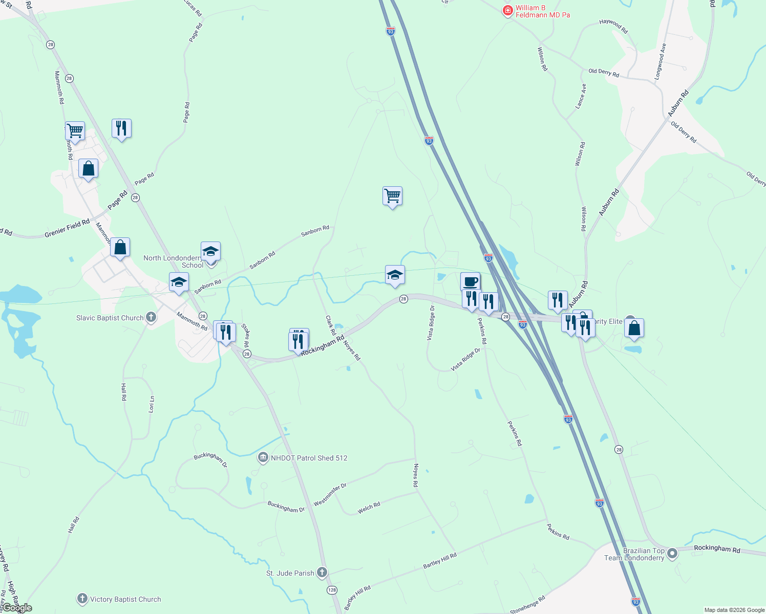 map of restaurants, bars, coffee shops, grocery stores, and more near 190 Rockingham Road in Londonderry