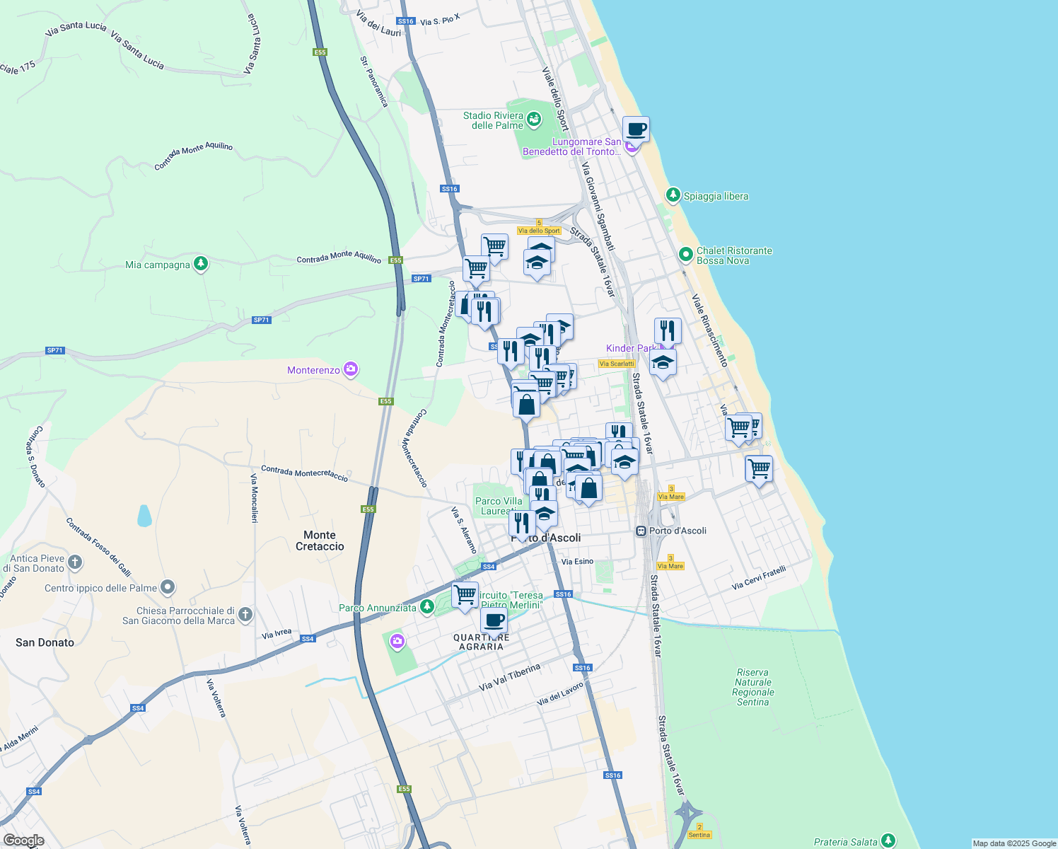 map of restaurants, bars, coffee shops, grocery stores, and more near 6 Via Enrico Mattei in San Benedetto del Tronto