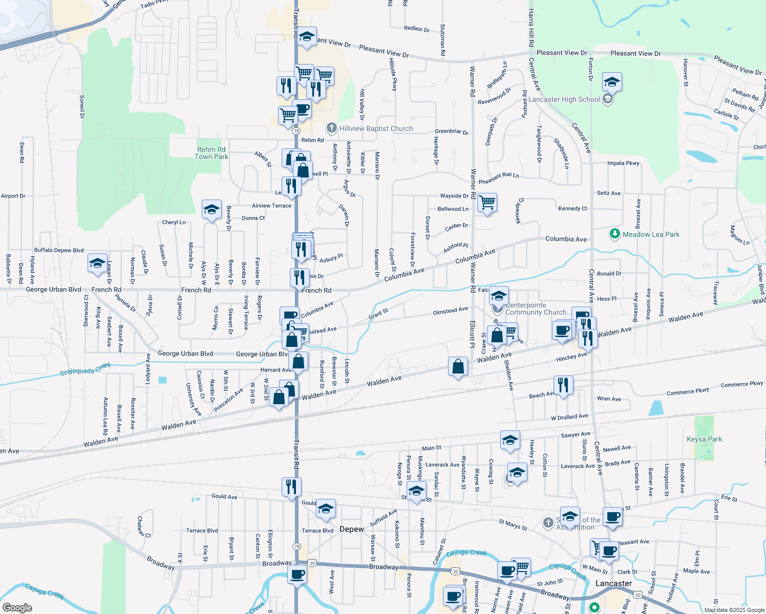 map of restaurants, bars, coffee shops, grocery stores, and more near 74 Grant St in Depew
