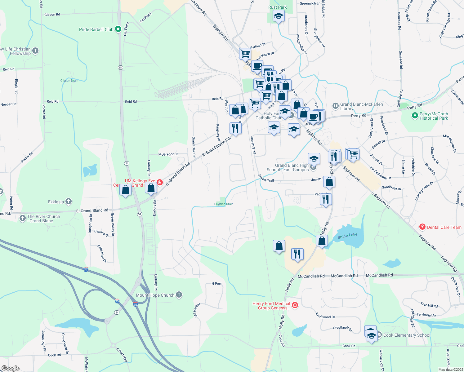 map of restaurants, bars, coffee shops, grocery stores, and more near 778 Layman Creek Circle in Grand Blanc