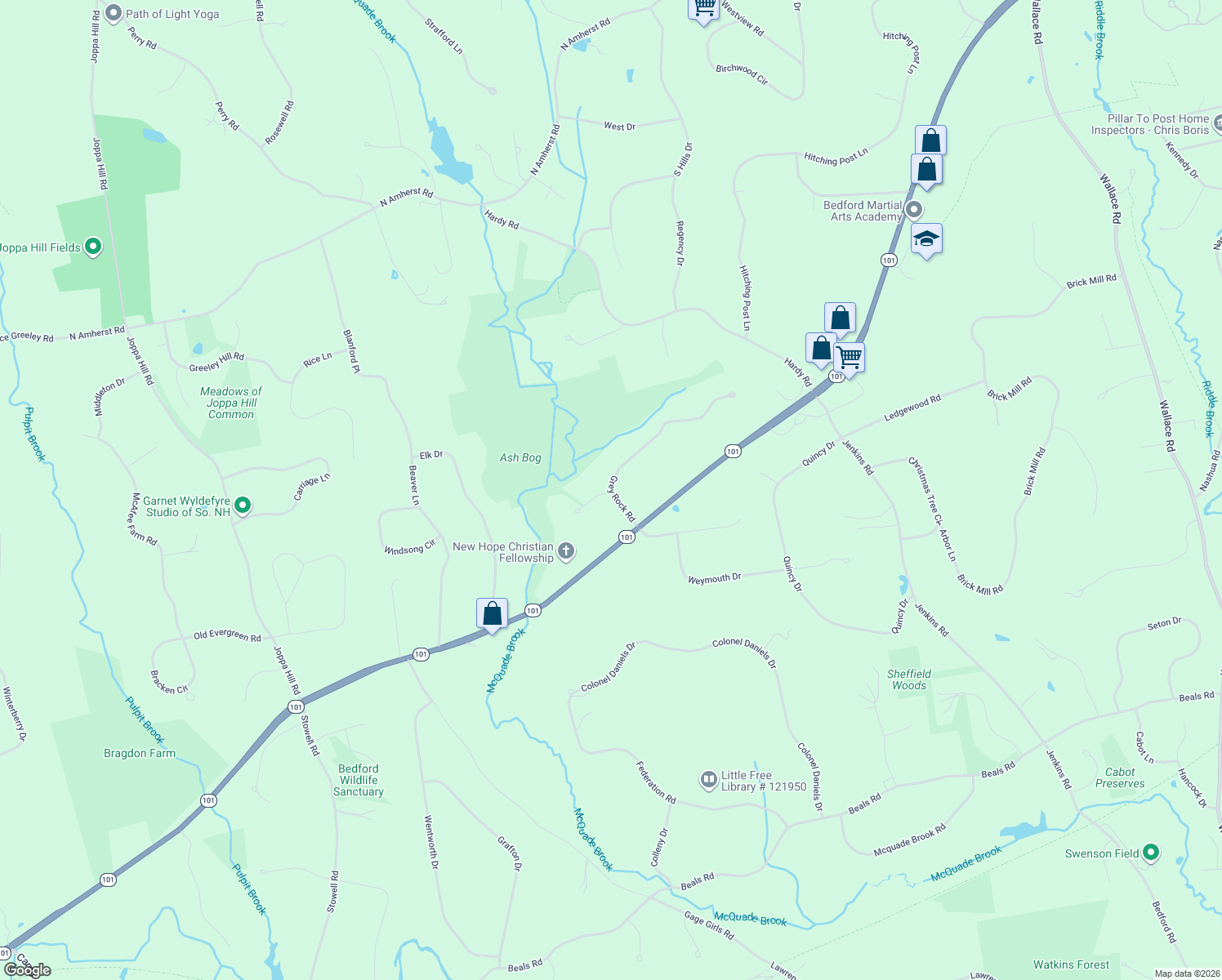 map of restaurants, bars, coffee shops, grocery stores, and more near 15 Grey Rock Rd in Bedford