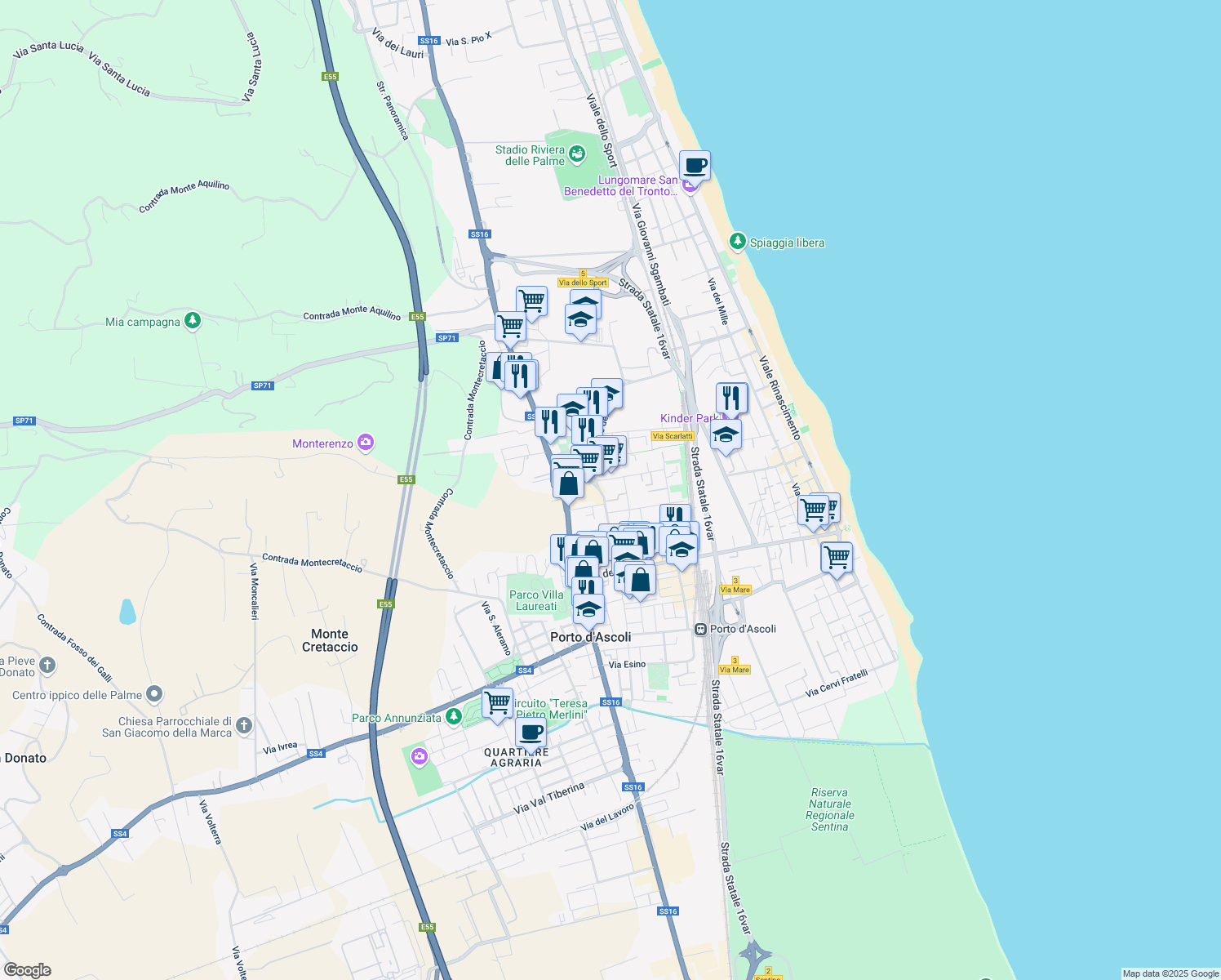 map of restaurants, bars, coffee shops, grocery stores, and more near 16 Via Enrico Mattei in San Benedetto del Tronto