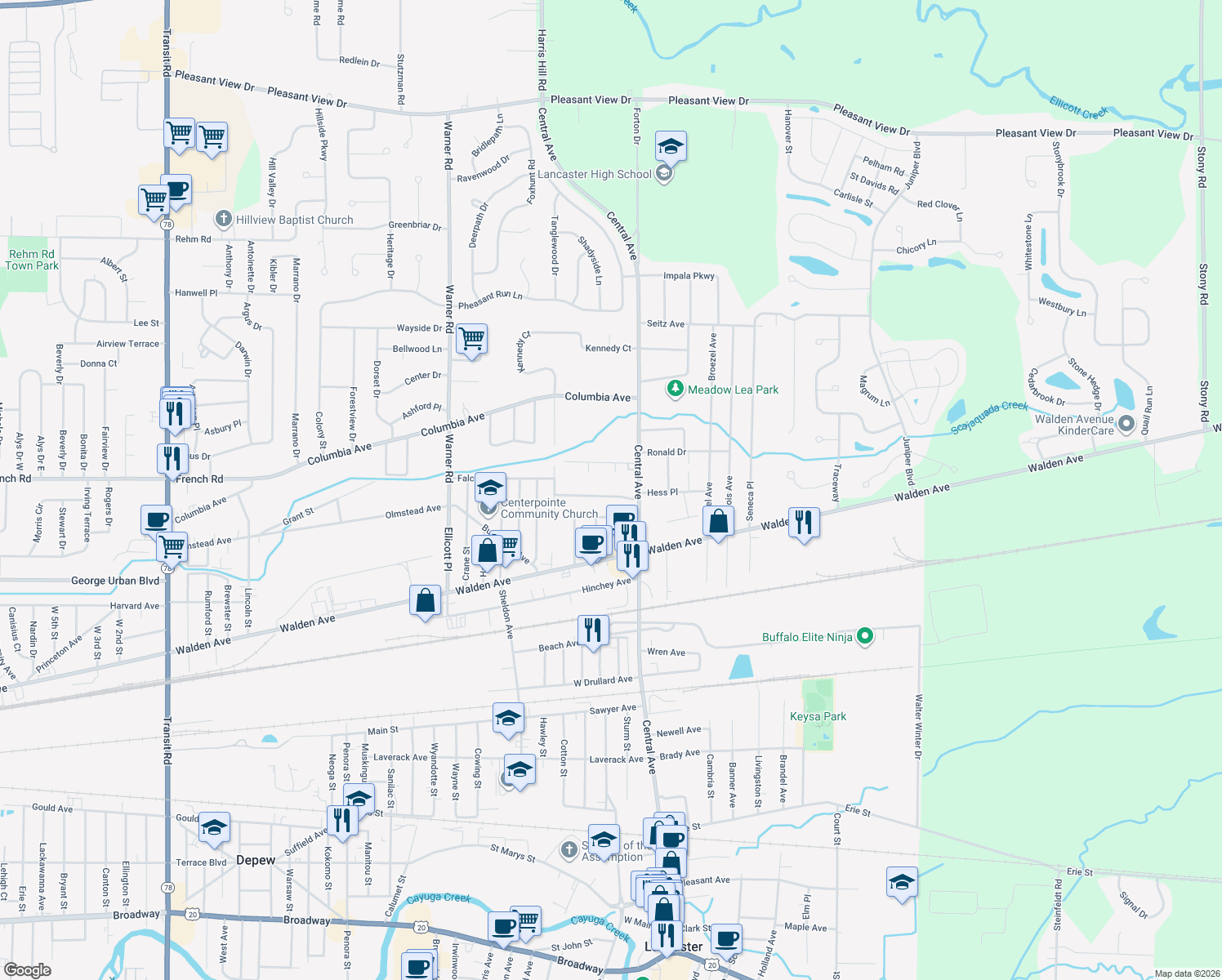 map of restaurants, bars, coffee shops, grocery stores, and more near 8 Riemers Avenue in Lancaster
